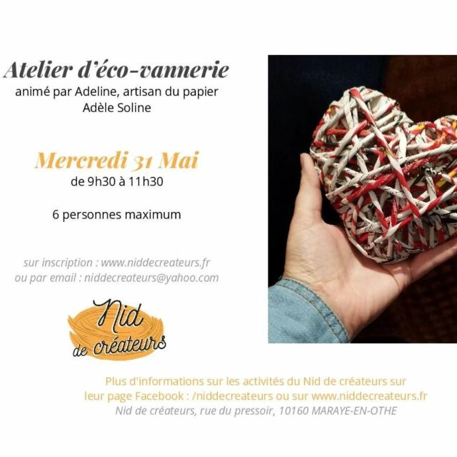 Ça vous dit de préparer la fête des mères ?
Un petit cadeau ecolo et tout mimi fait main pour la personne la plus dévouée que l'on connaisse ?
On se retrouve le mercredi 31 mai au Nid pour confectionner un cœur en papiers recyclés !
* Inscription obligatoire
#aubeenchampagne #troyesmaville #troyestourisme #artisanatfrancais #ecovannerie #vanneriedepapier #papiertressé #upcycling #coeur #fetedesmeres #faitmain #paysdothe #marayeenothe