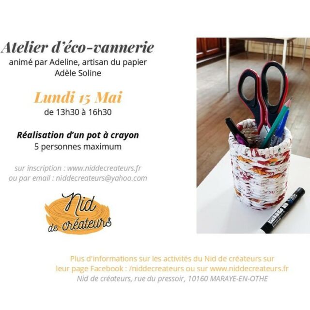 Le prochain atelier concernera la création d'un pot à crayon !
Venez vous initier à la vannerie de papier et apprendre à recycler les prospectus en créant un pot à crayons.
Les techniques apprises lors de ces 3h avec moi vous permettront de créer ensuite d'autre paniers ronds pour vos rangements à la maison !
C'est le moment de faire un petit geste pour la planète en n'achetant pas de nouveau rangement mais en les créant et en upcyclant !
◾ Inscription sur le site du @niddecreateurs : www.niddecreateurs.fr
#aubeenchampagne #troyestourisme #paysdothe #marayeenothe #artisanatfrancais #partagedesavoirfaire #potacrayons #upcycling #panierdinterieur #vanneriedepapier #ecovannerie